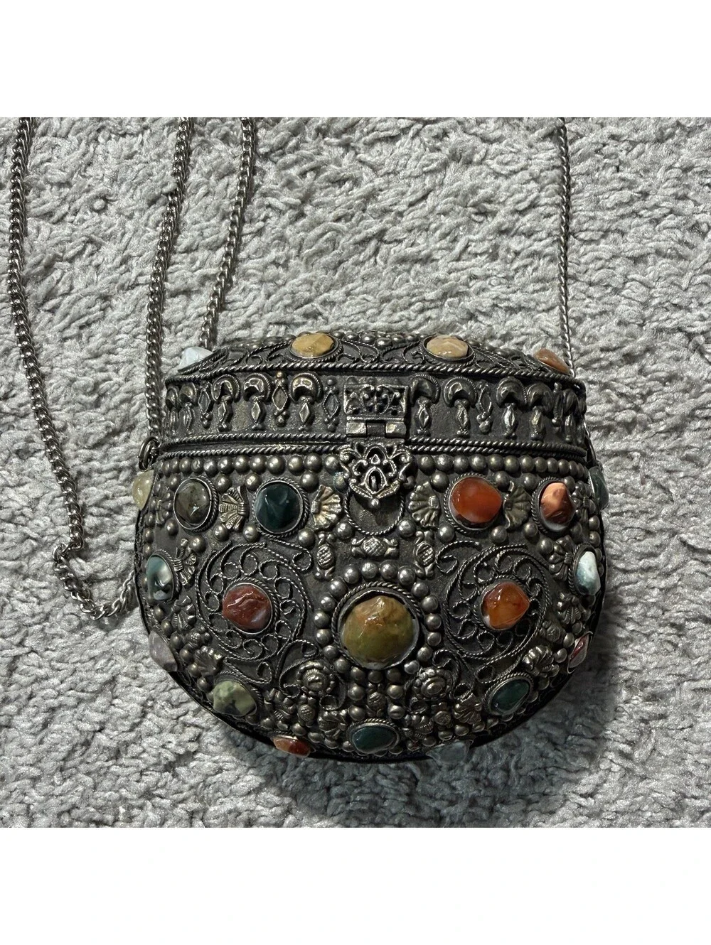 Vintage Sajai Metal Crossbody Purse with Natural Agate Stones Chain Strap